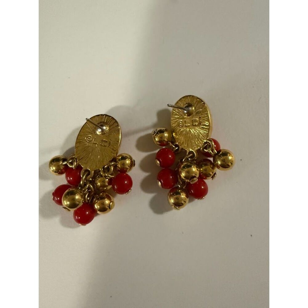 Liz Claiborne Goldtone And Red Beads Pierced Earrings - Picture 3 of 3